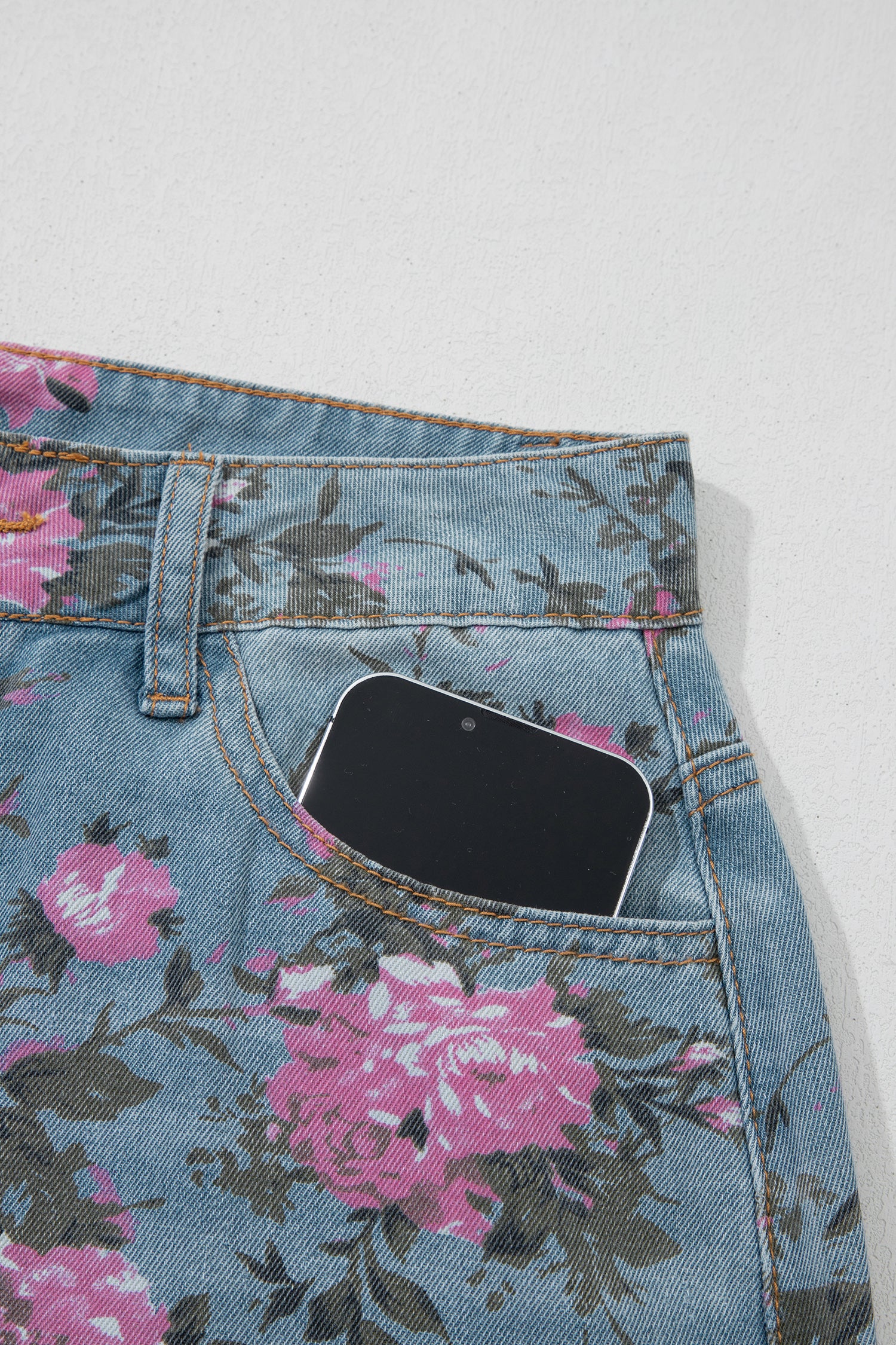Floral Print Bootcut Jeans – Sky Blue Denim
