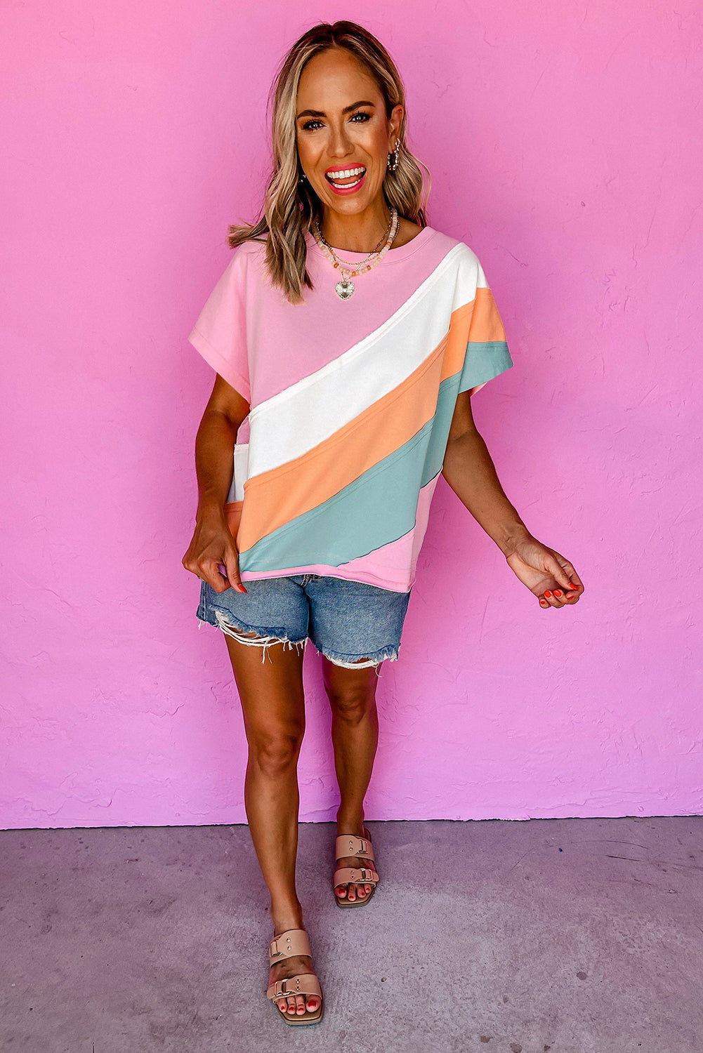 Pink Colour Block Patchwork Seamed Crewneck T Shirt eAura
