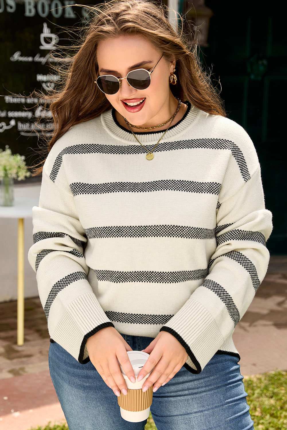 Stripe Wide Sleeve Drop Shoulder Plus Sweater - eAura