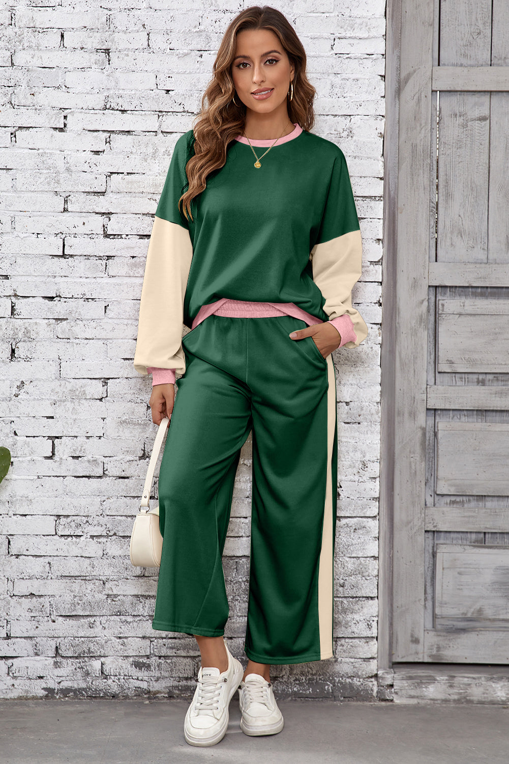 Chestnut 2pcs Color Block Pullover Loose Pant Set Dear-Lover Dropshipping