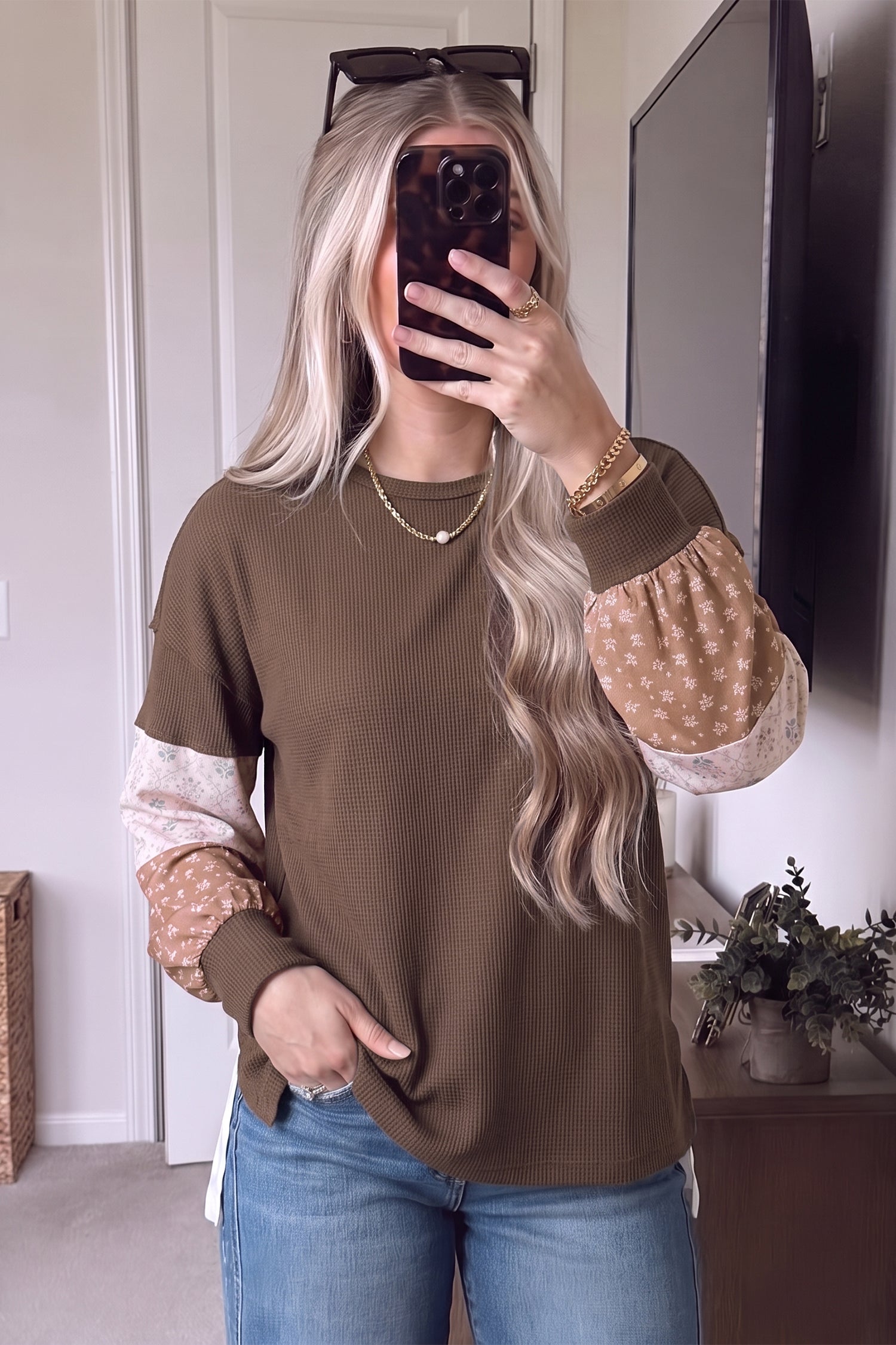 Coffee Floral Print Colorblock Long Sleeve Textured Loose Pullover Tunic Top – Brown
