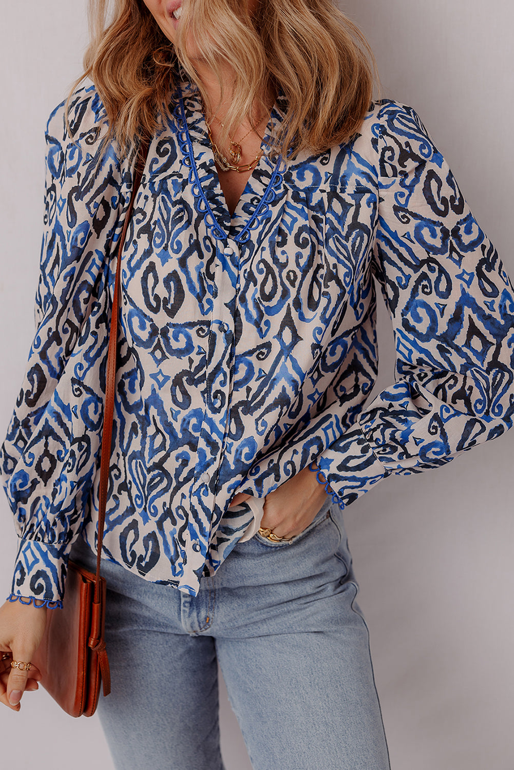 Blue Bohemian Print Embroidered V-Neck Long Sleeve Blouse - eAura