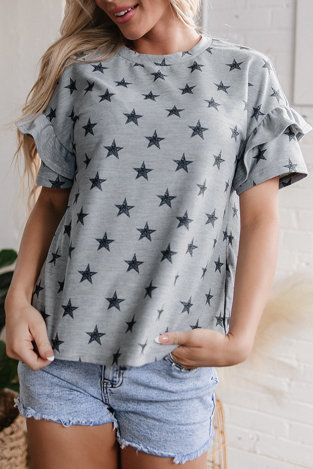 Grey Star Print Ruffled Sleeve T Shirt eAura