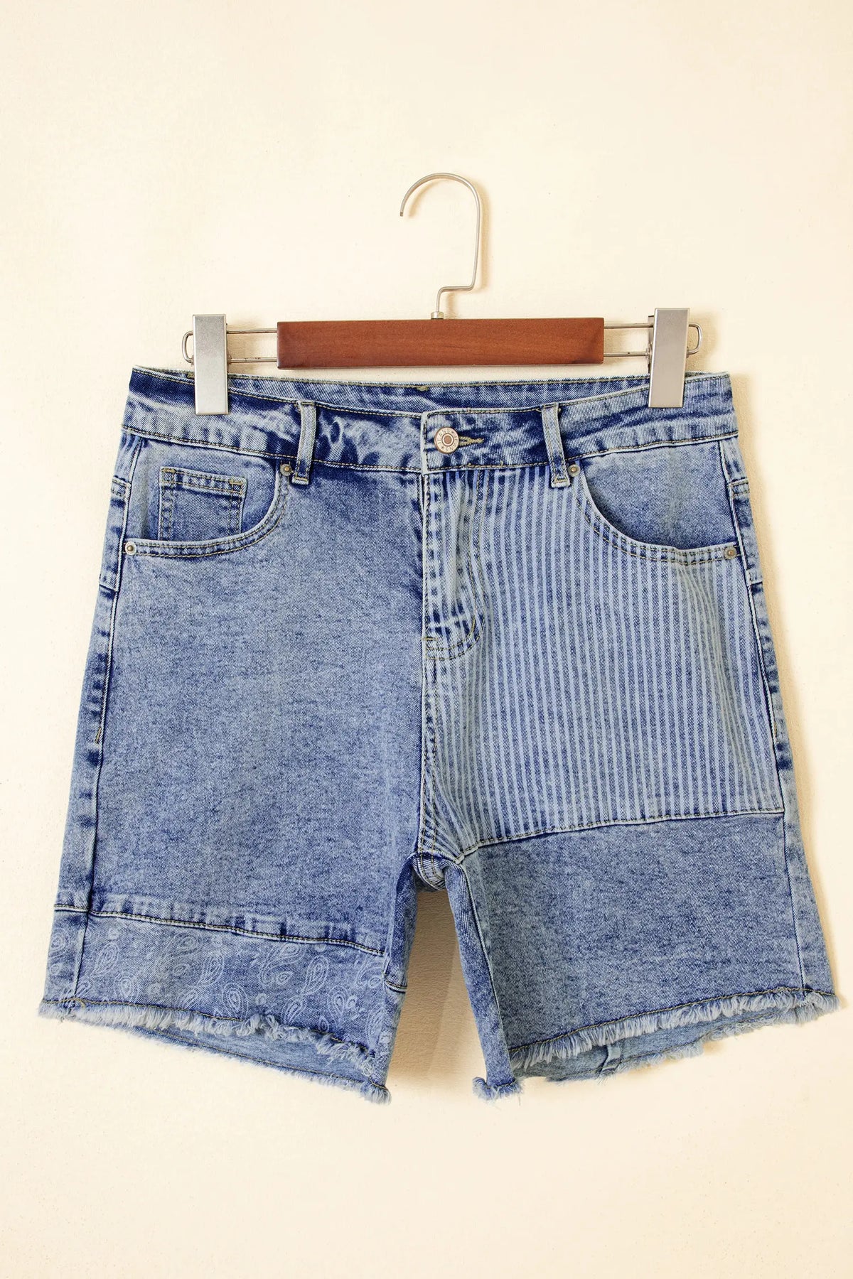 Striped Paisley Mixed Patchwork Raw Hem Denim Shorts – Sky Blue