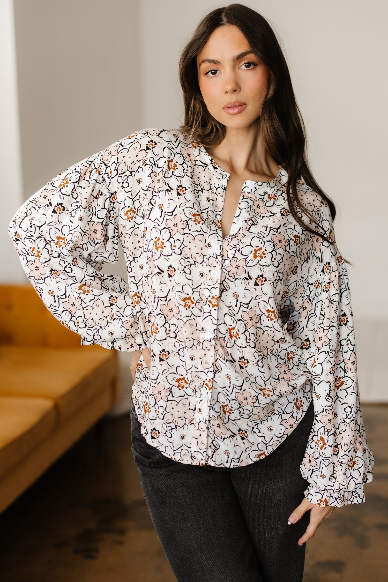 Bold Floral Print Frilled Puff Sleeve Button Down Shirt - Tops/Blouses & Shirts