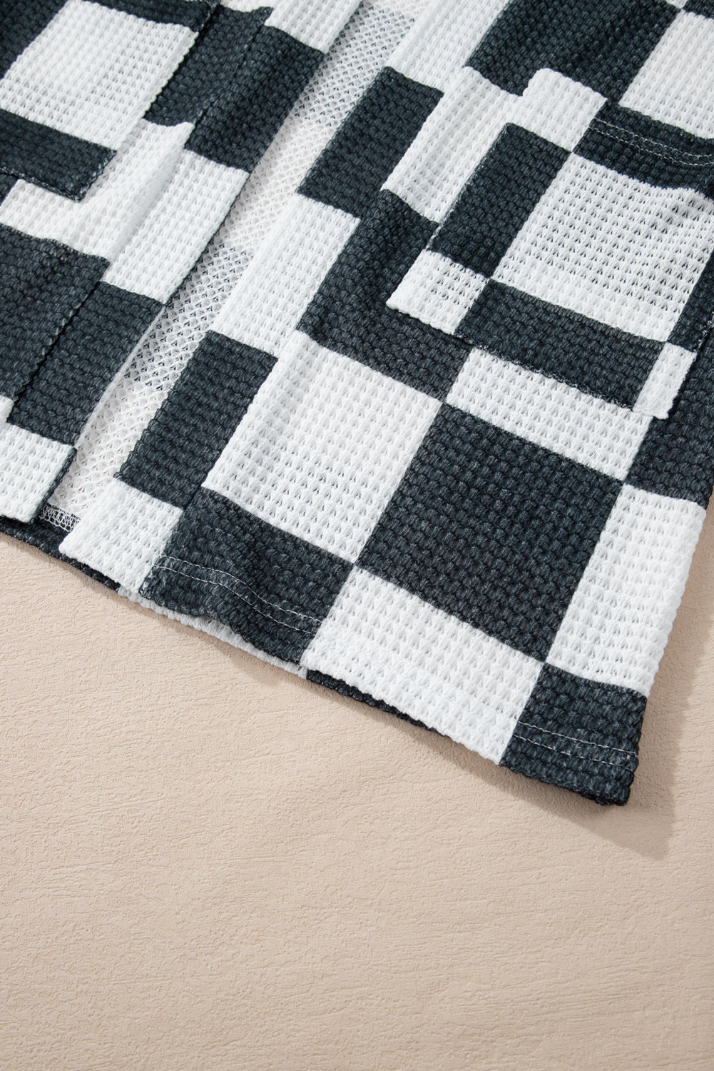 Black Checkered Waffle Knit Thumbhole Open Front Cardigan eAura