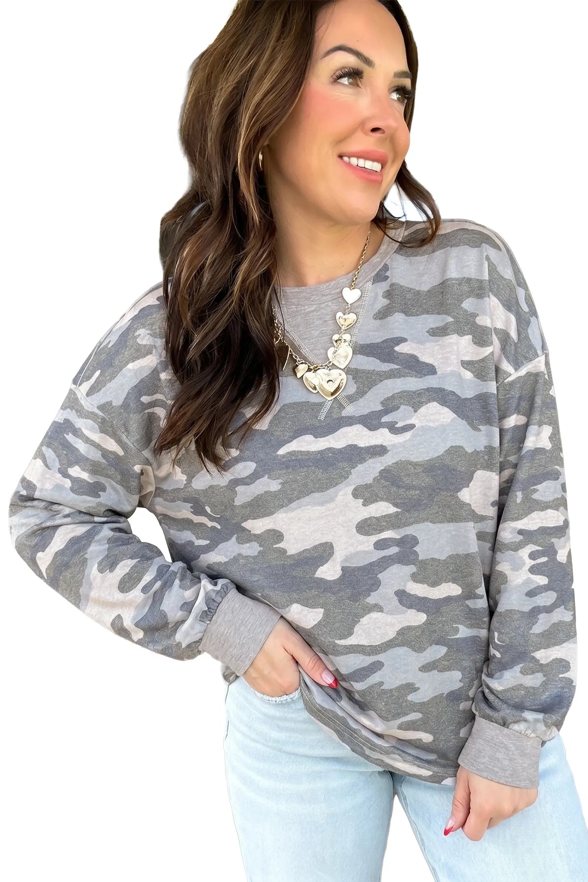 Camouflage Long Sleeve Round Neck Shift Pullover Top – Multicolour