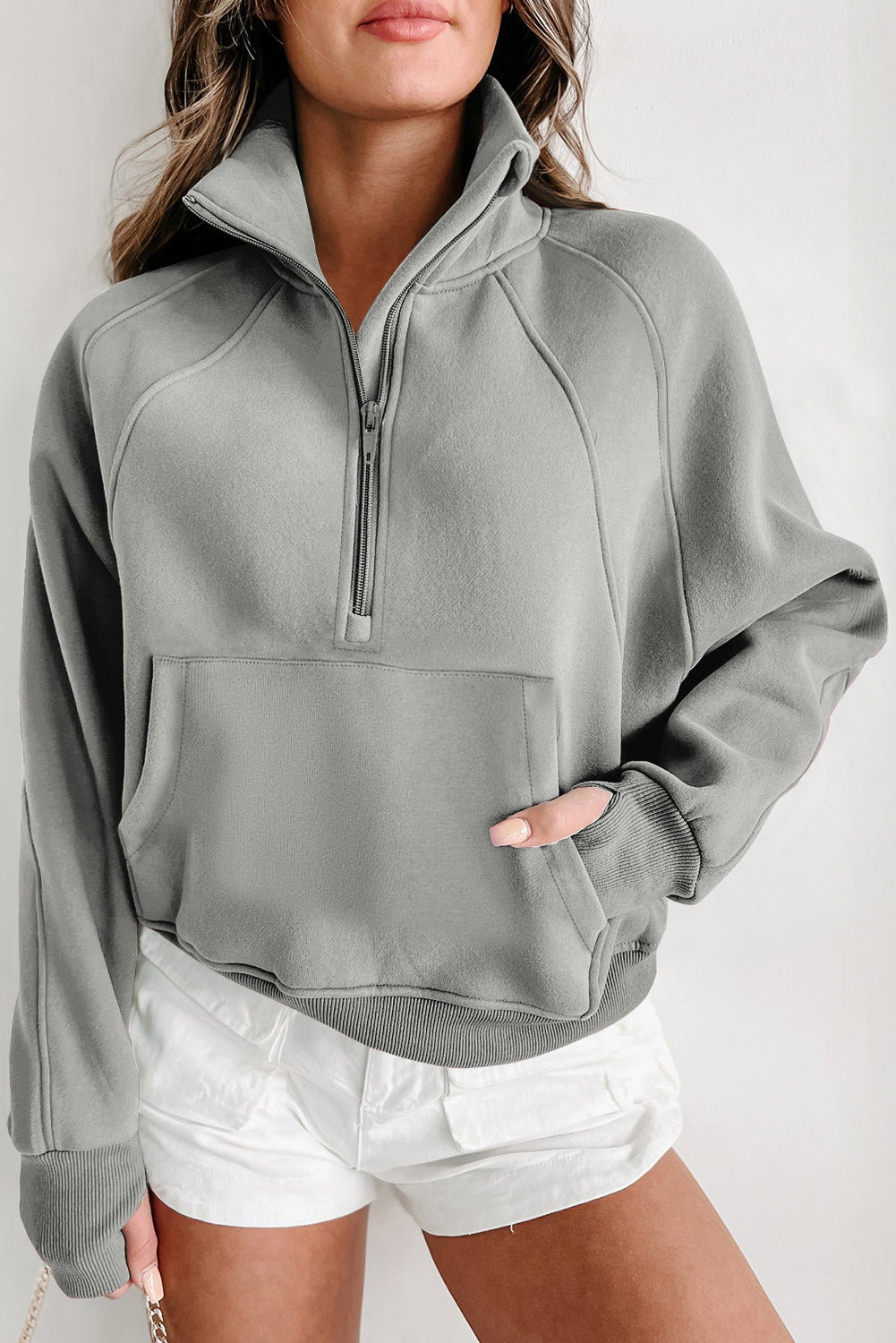 Brown Fleece Lined Zip Up Stand Collar Thumbhole Sleeve Sweatshirt eAura