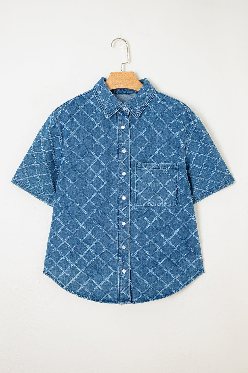 Dusk Blue Checkered Textured Short Sleeve Patched Pocket Denim Shirt eAura