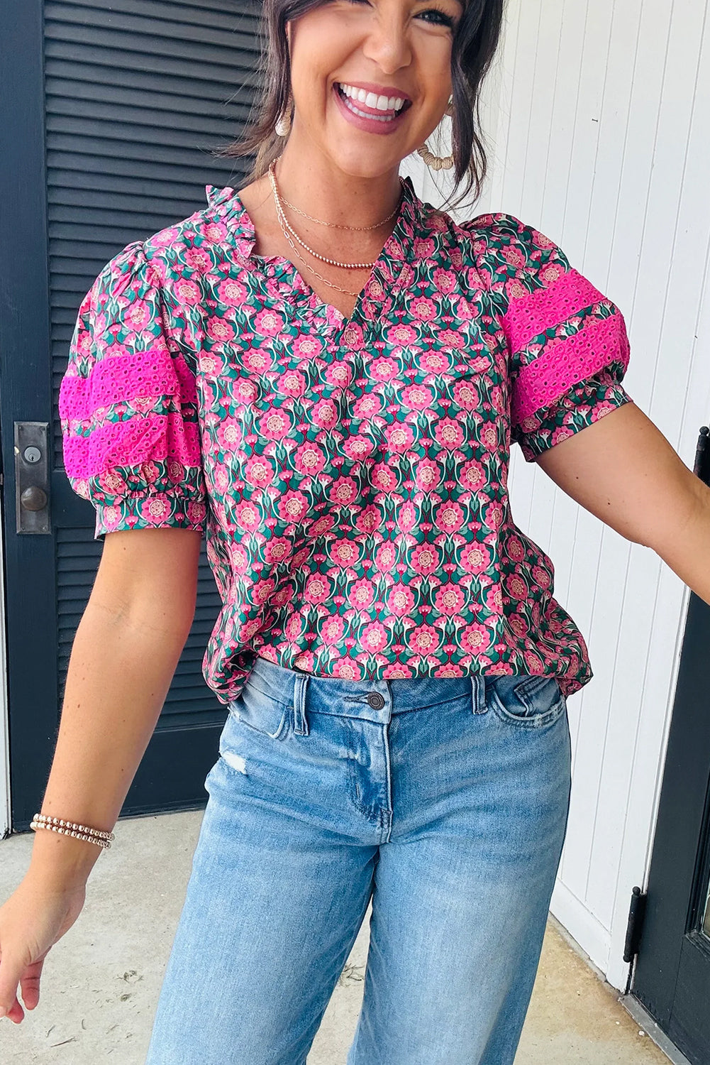 Sachet Pink V-Neck Ruffle Abstract Floral Print Puff Sleeve Top eAura
