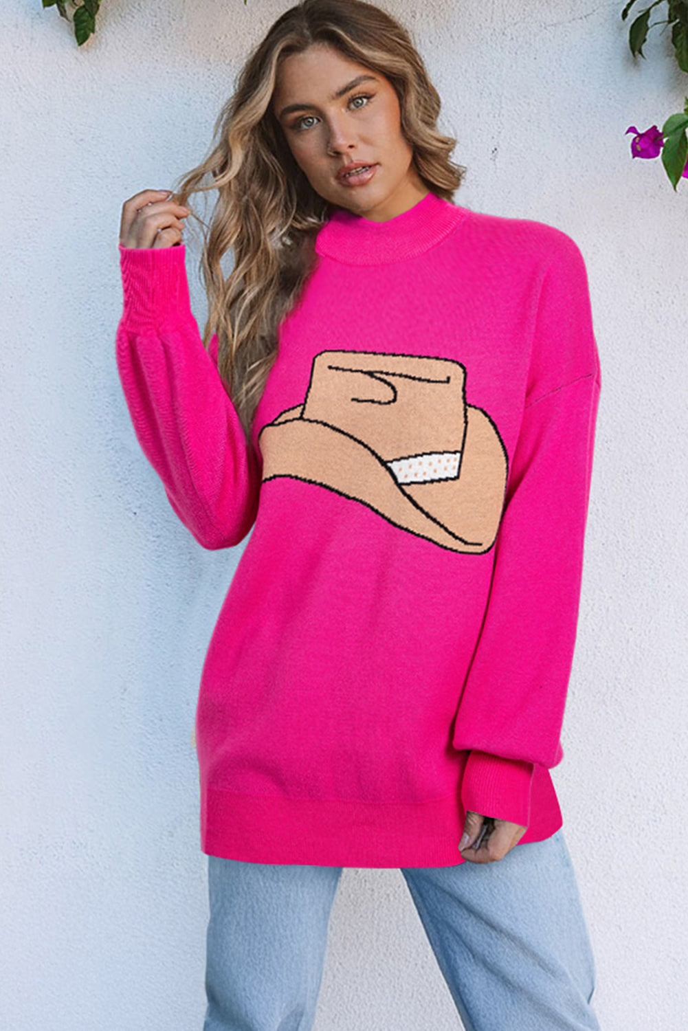 Rose Red YEEHAW Cowboy Hat Drop Shoulder Oversized Sweater eAura
