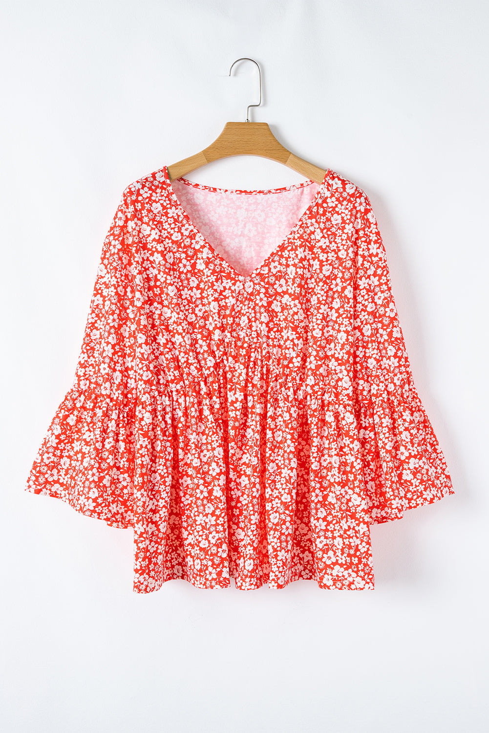 Red Plus Size Floral V Neck Flared Bracelet Sleeve Blouse BB Fashion Outlet