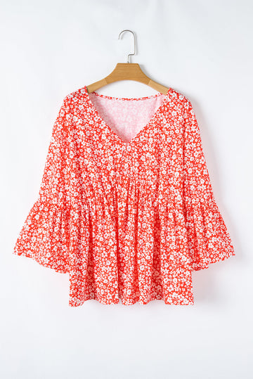 Red Plus Size Floral V Neck Flared Bracelet Sleeve Blouse BB Fashion Outlet