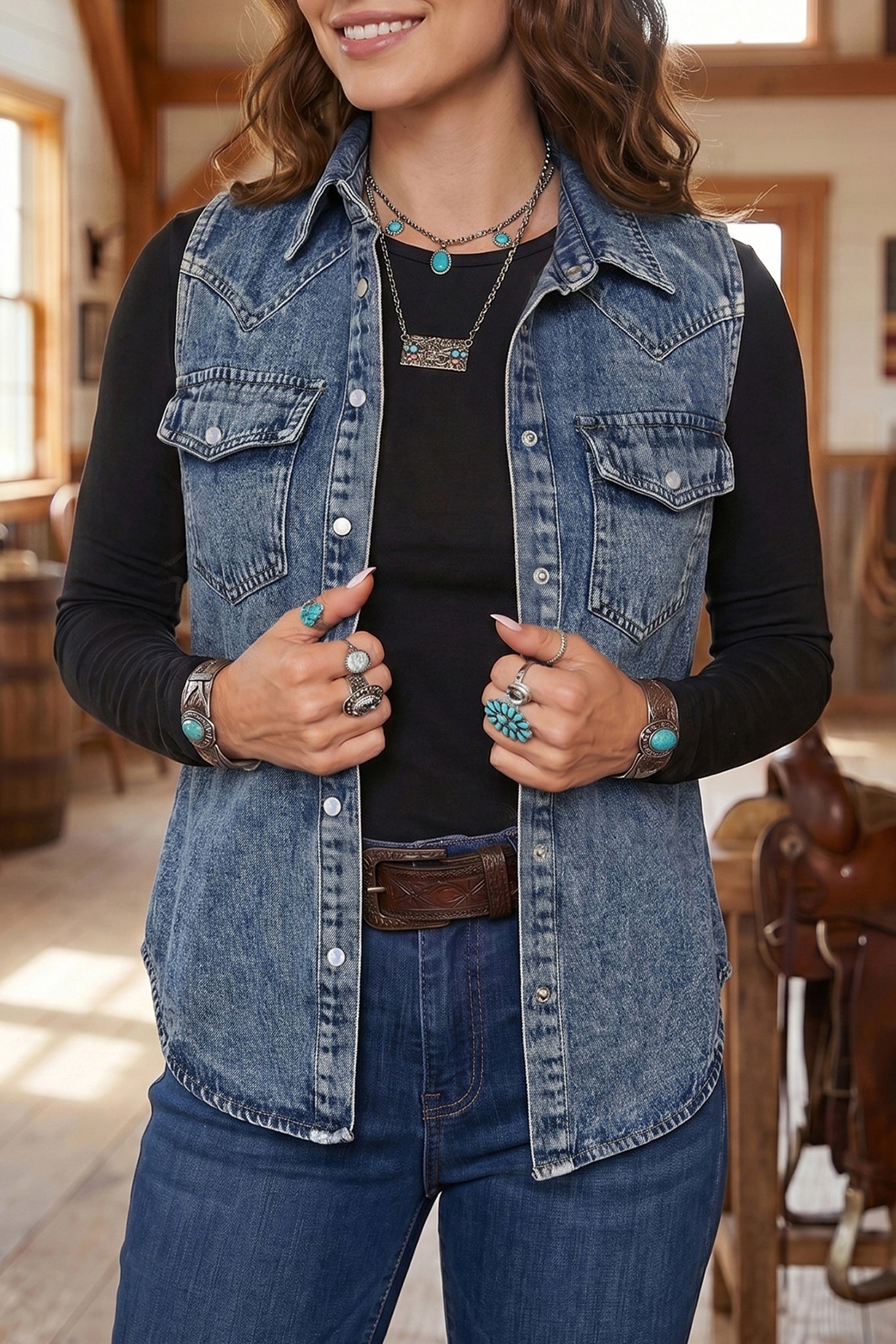 Ashleigh Blue Solid Denim Button Front Pocket Sleeveless Cowboy Vest – Dark Blue
