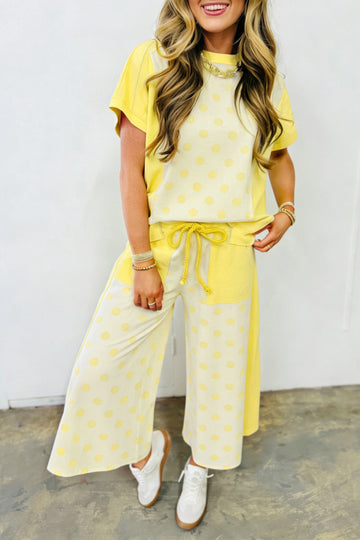 Color Block Patchwork Polka Dot Wide Leg Pant Set – Yellow