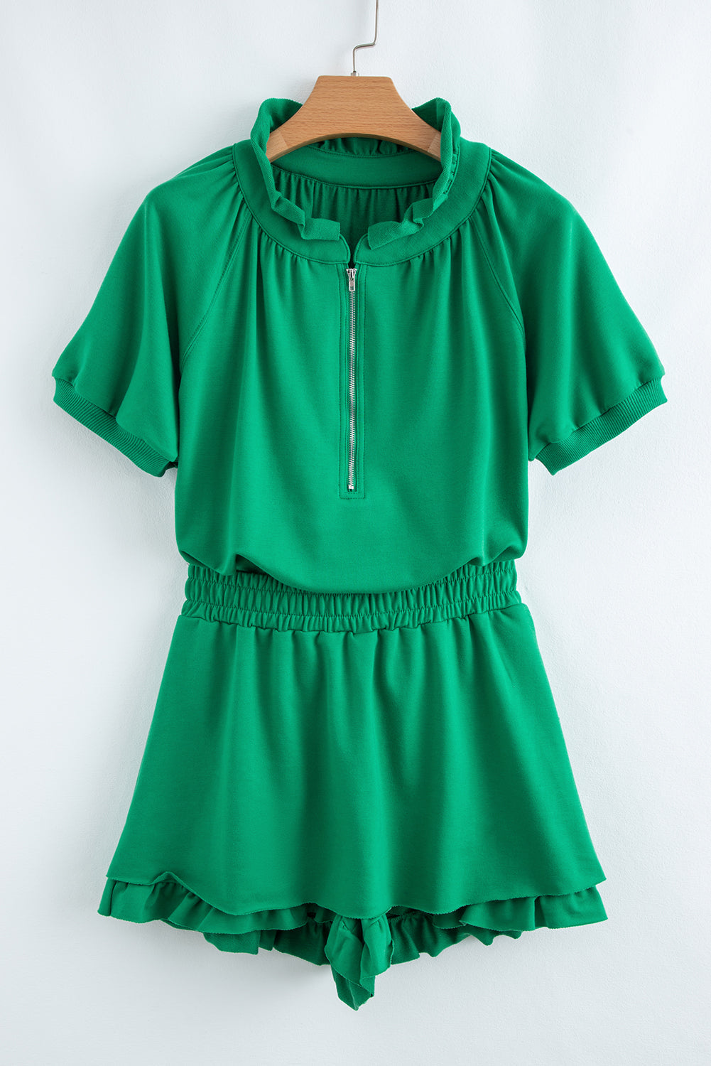 Sea Green Half Zip Puff Sleeve Top and Ruffled Shorts Set eAura