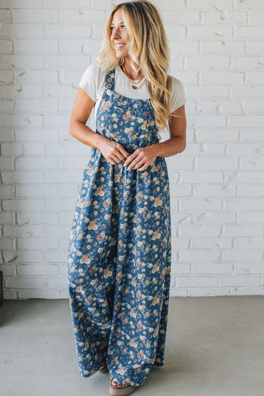 Blue Vintage Rose Printed Pleated Loose Denim Jumpsuit Dungarees