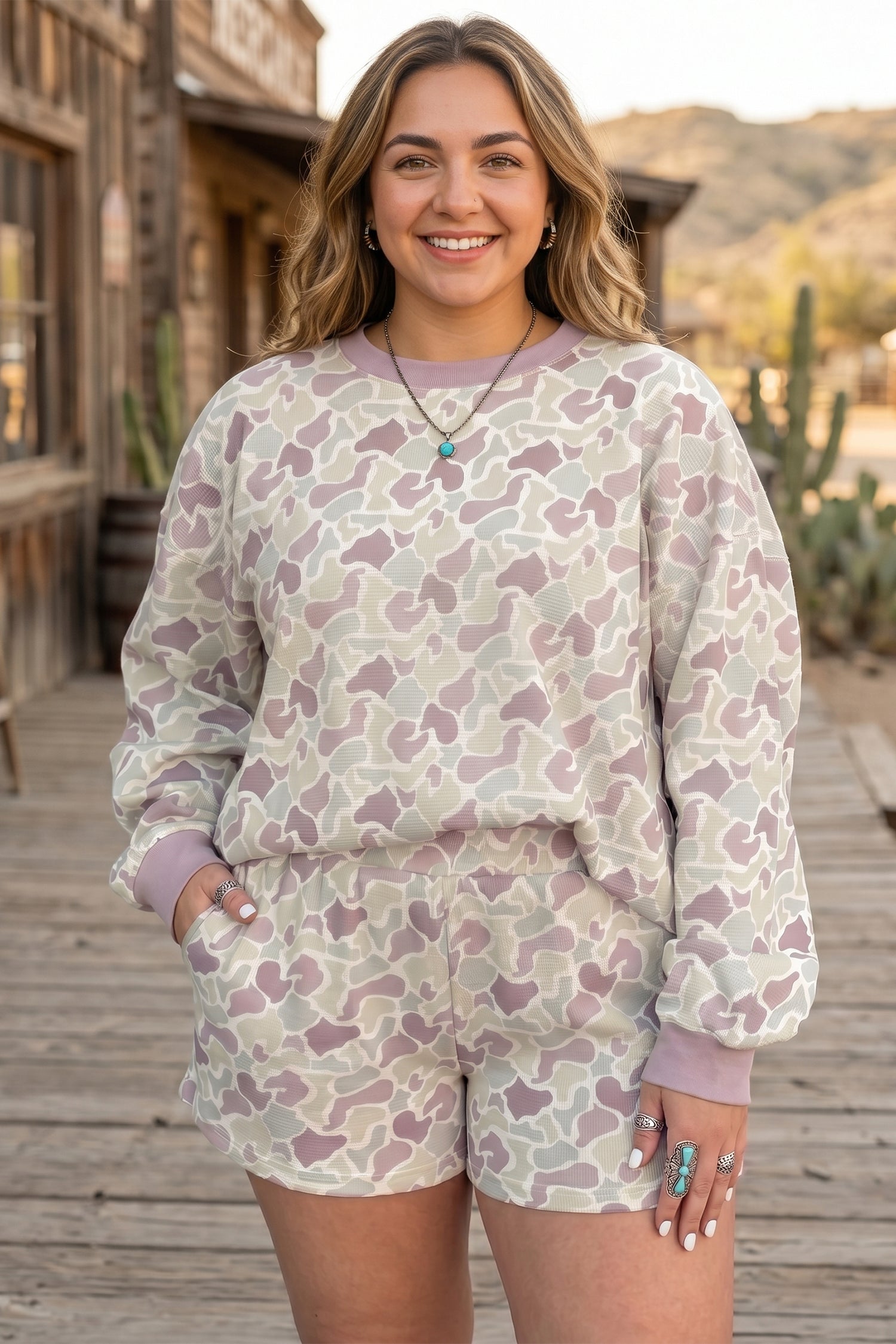 Camouflage Print Waffle Textured Pullover and Shorts Plus Size 2pcs Set – Green