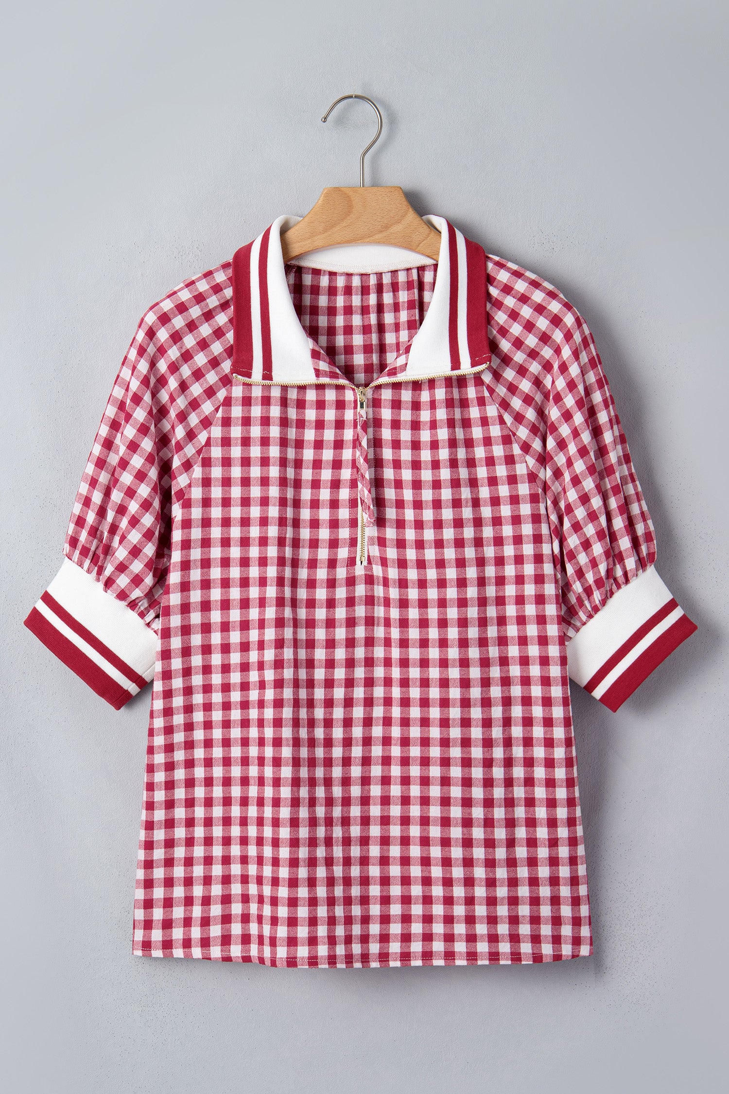 Gingham Striped Patchwork Half Zip Blouse – Red