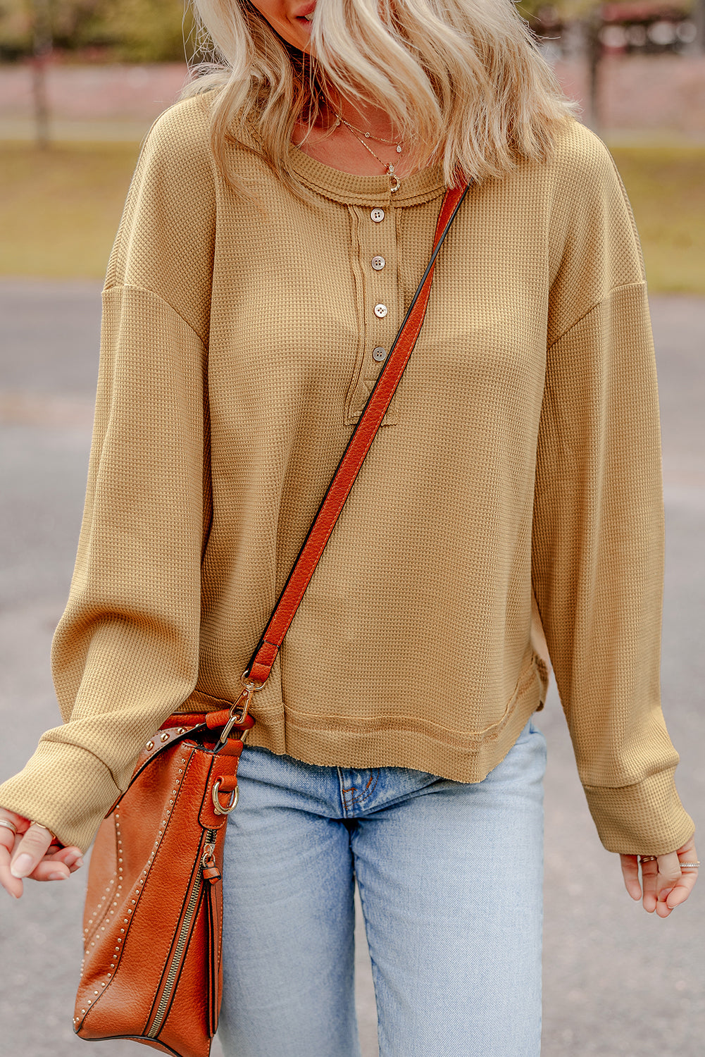 Camel Textured Knit Half Button Drop Shoulder Oversized Top eAura