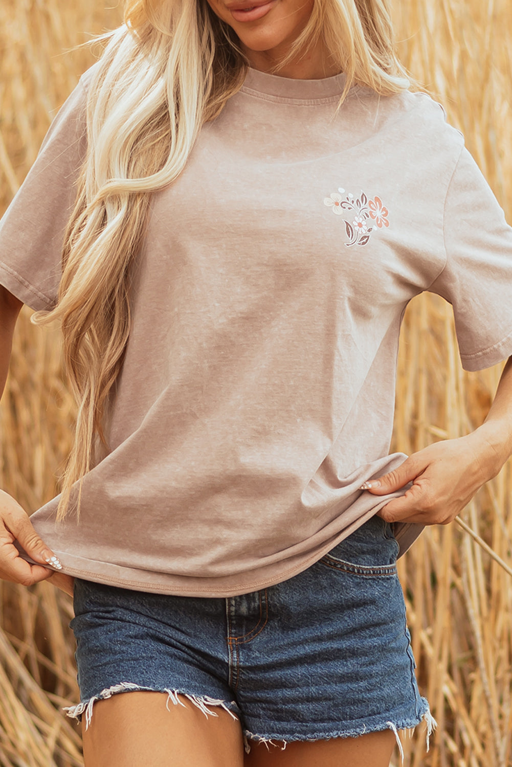 Smoke Grey Mineral Wash Floral Steer Head Printed Back Western Fashion Tee eAura