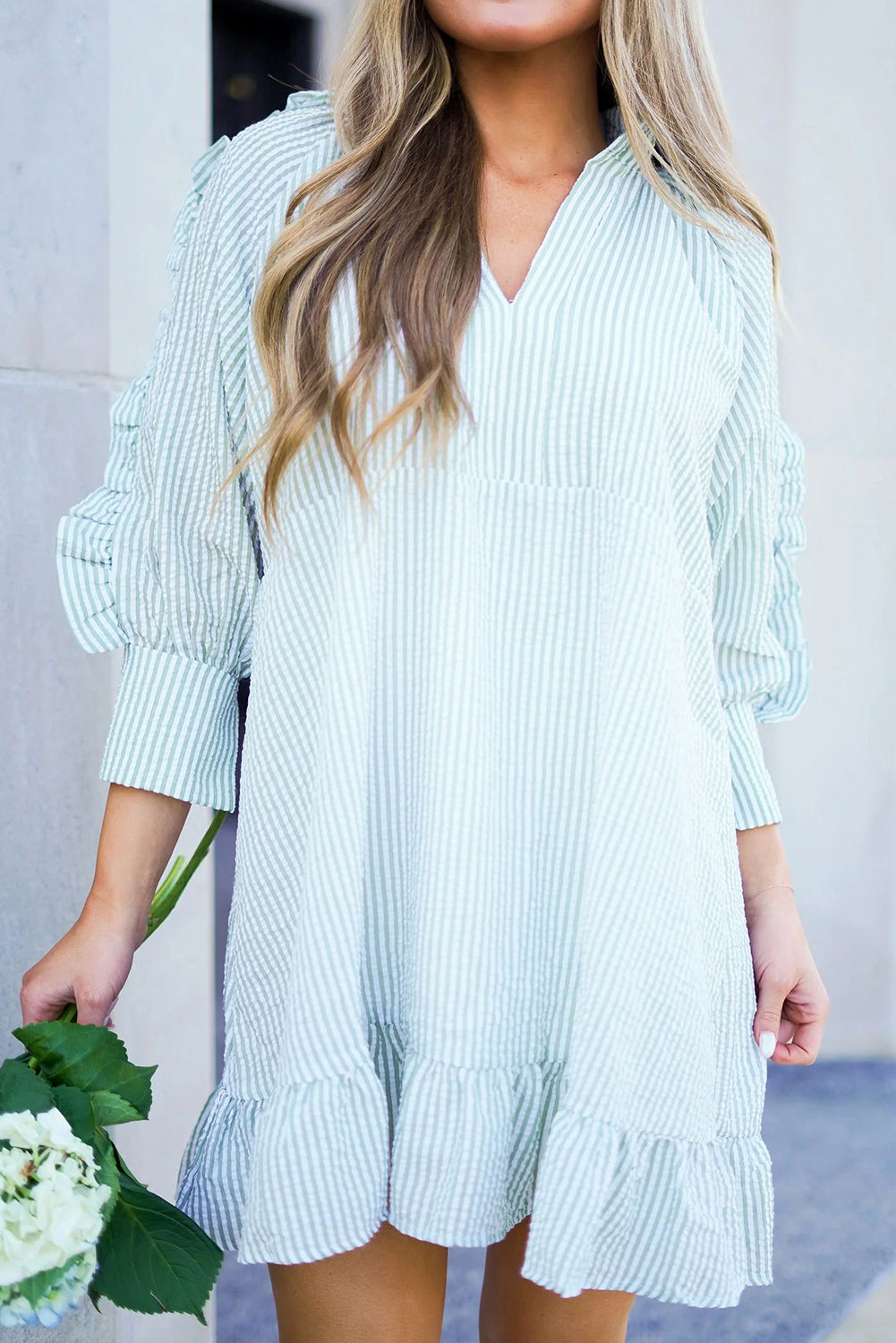 Myosotis Seersucker Ruffled Puff Sleeve Stand Neck Mini Dress Beagle Boutique Fashion Outlet