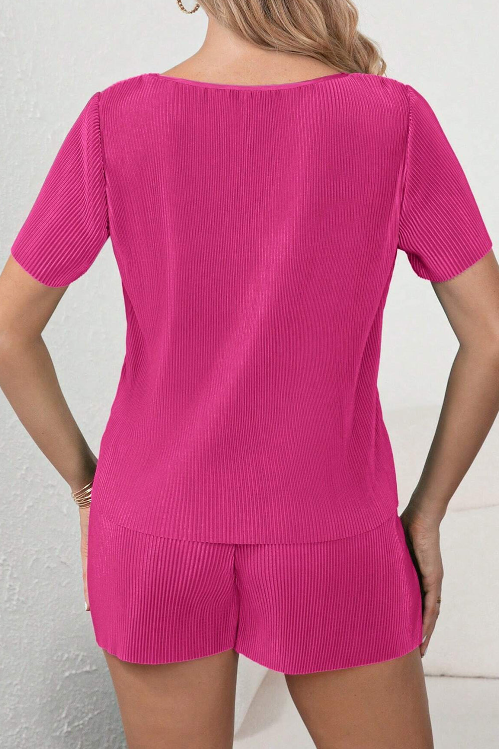 Bright Pink Casual Pleated Short Two-piece Set BB Fashion Outlet
