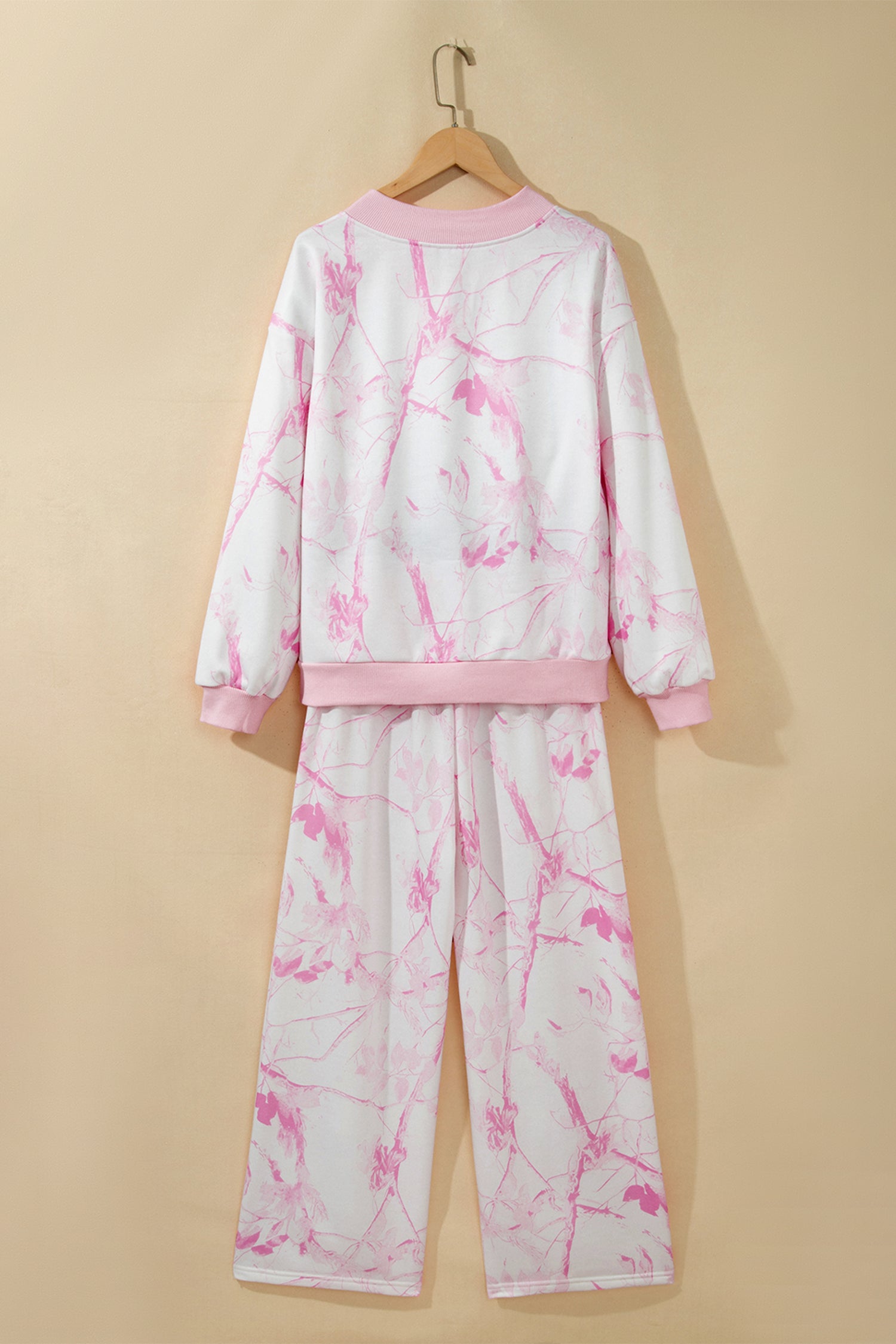 Abstract Plant Print Long Sleeve V Neck Pant Set – Pink