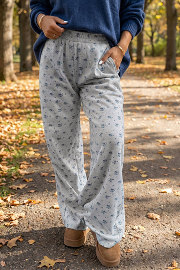 Floral Print Elastic Waist Full Length Regular Pants – Gray