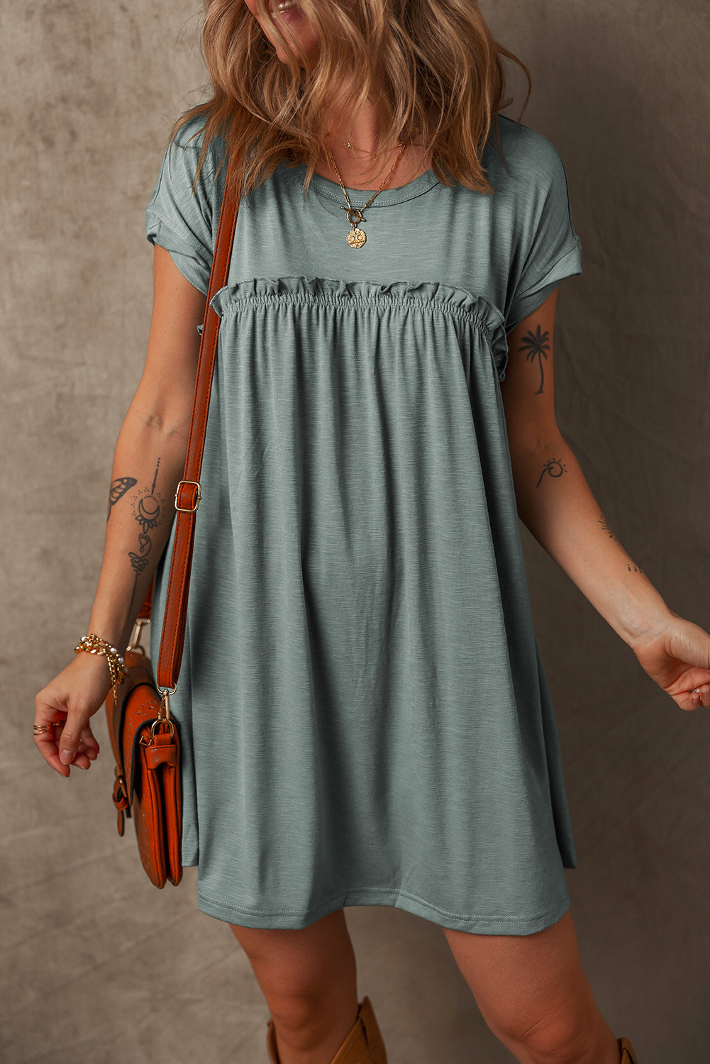 Mist Green Frilled Gathered Seam Round Neck T Shirt Dress eAura