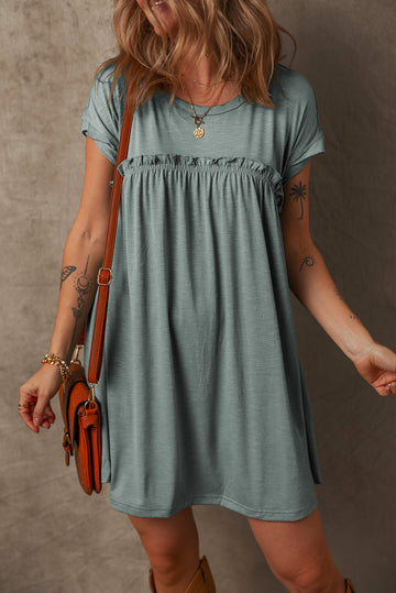 Mist Green Frilled Gathered Seam Round Neck T Shirt Dress eAura