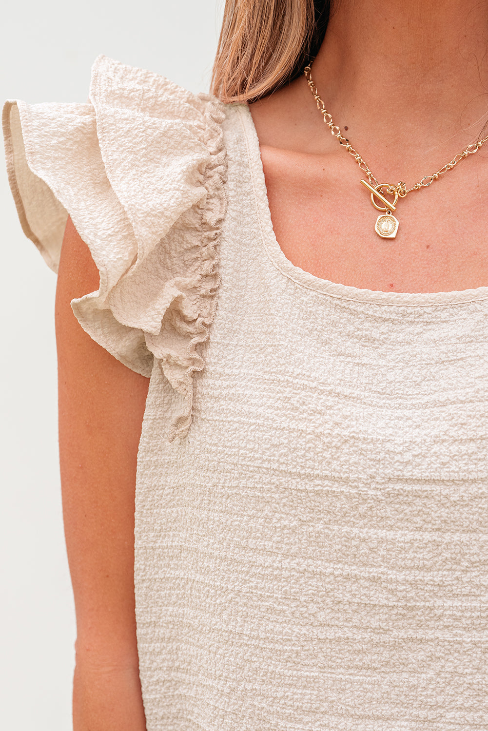 Beige Textured Bow Knot Frilled Butterfly Sleeve Blouse eAura