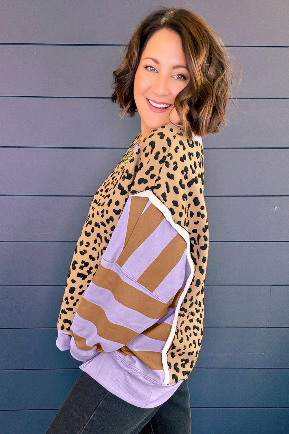 Purple Leopard Striped Patchwork Plus Size Loose Sweatshirt Dear-Lover Dropshipping