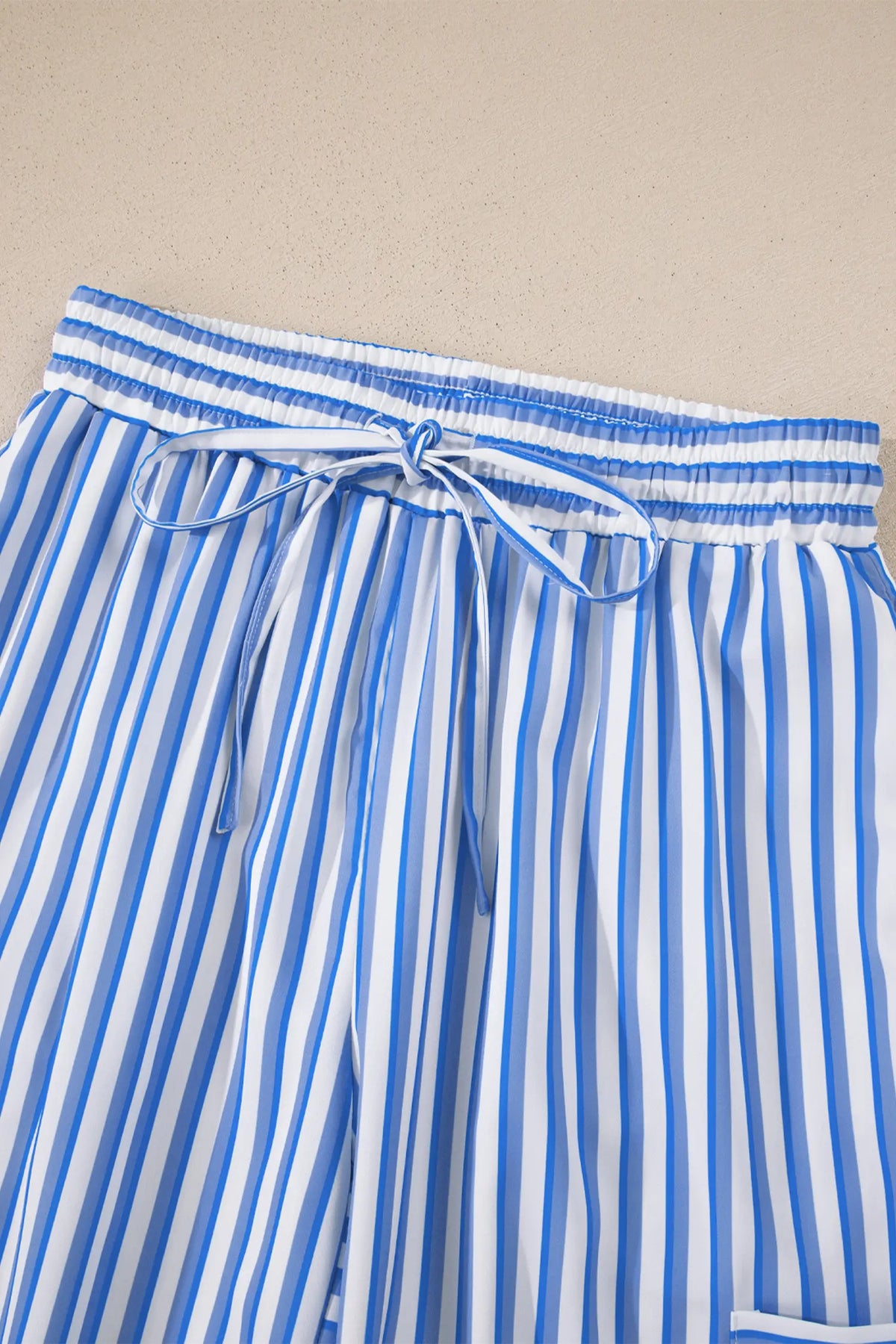 Drawstring Elastic Waist Patch Pocket Wide Leg Ankle-length Pants – Sky Blue Stripe