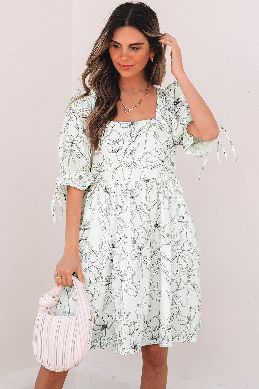 Beige Floral Print Square Neck Shirred Back Puff Sleeve Mini Dress eAura