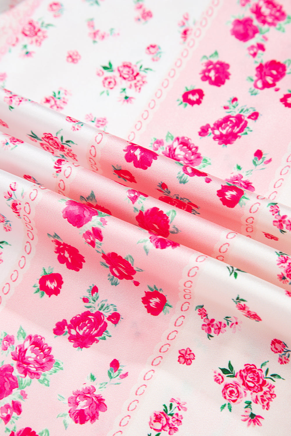 Pink Mixed Floral Print Contrast Piping Trim Satin Tie Pyjama Set - eAura