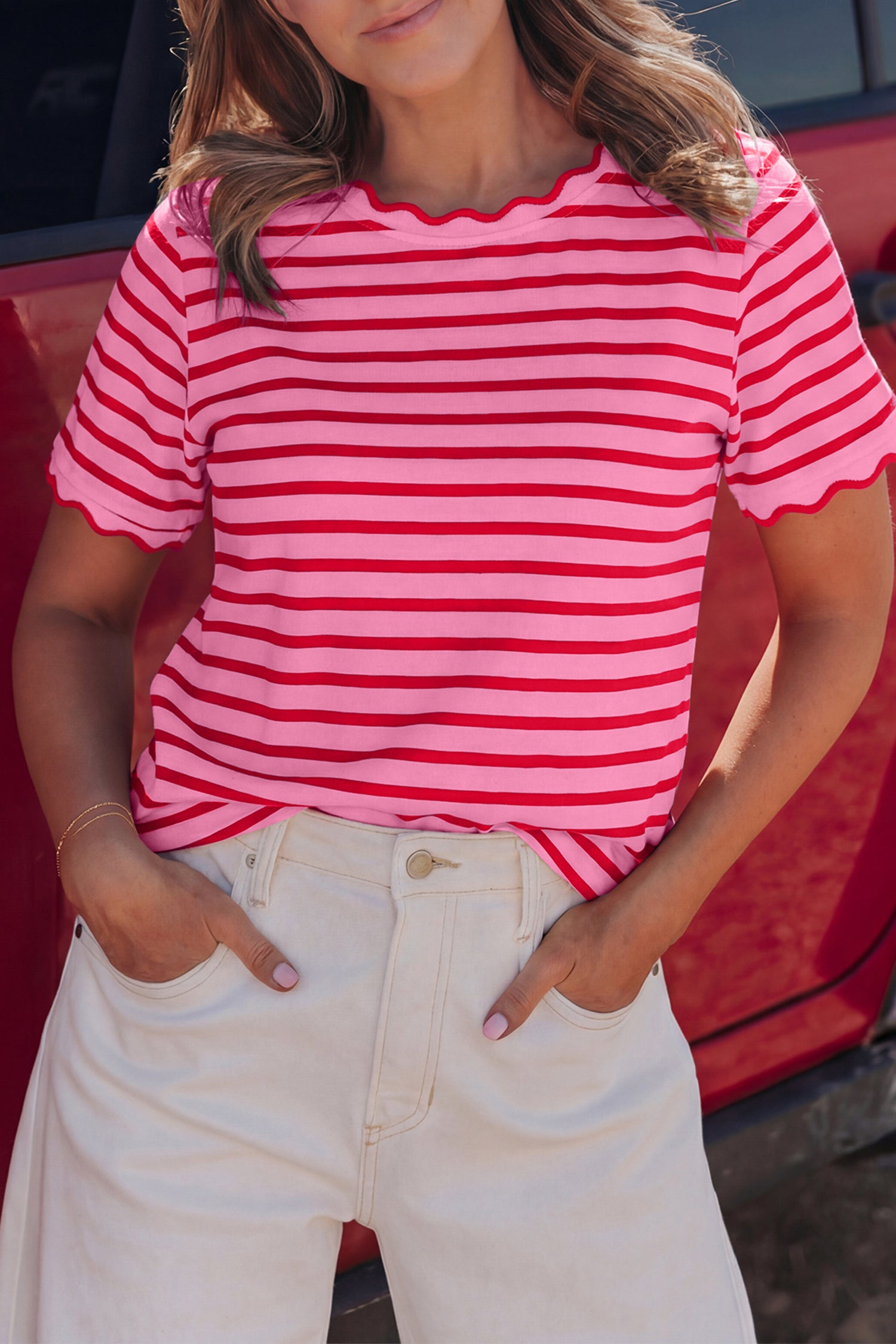 Stripe Scalloped Trim Round Neck T-Shirt