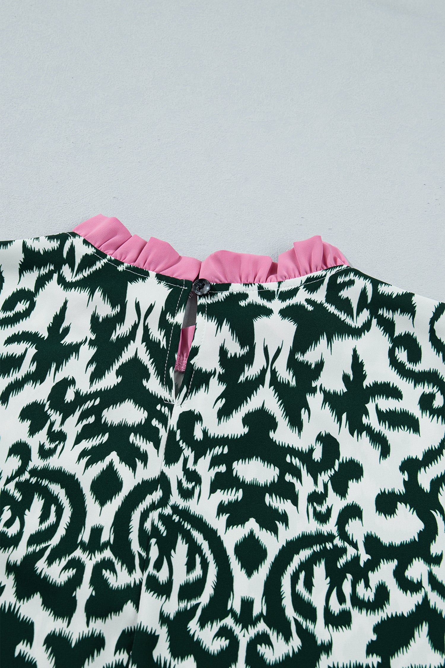 Damask Print Ruffle Colour Block Puff Sleeve Blouse