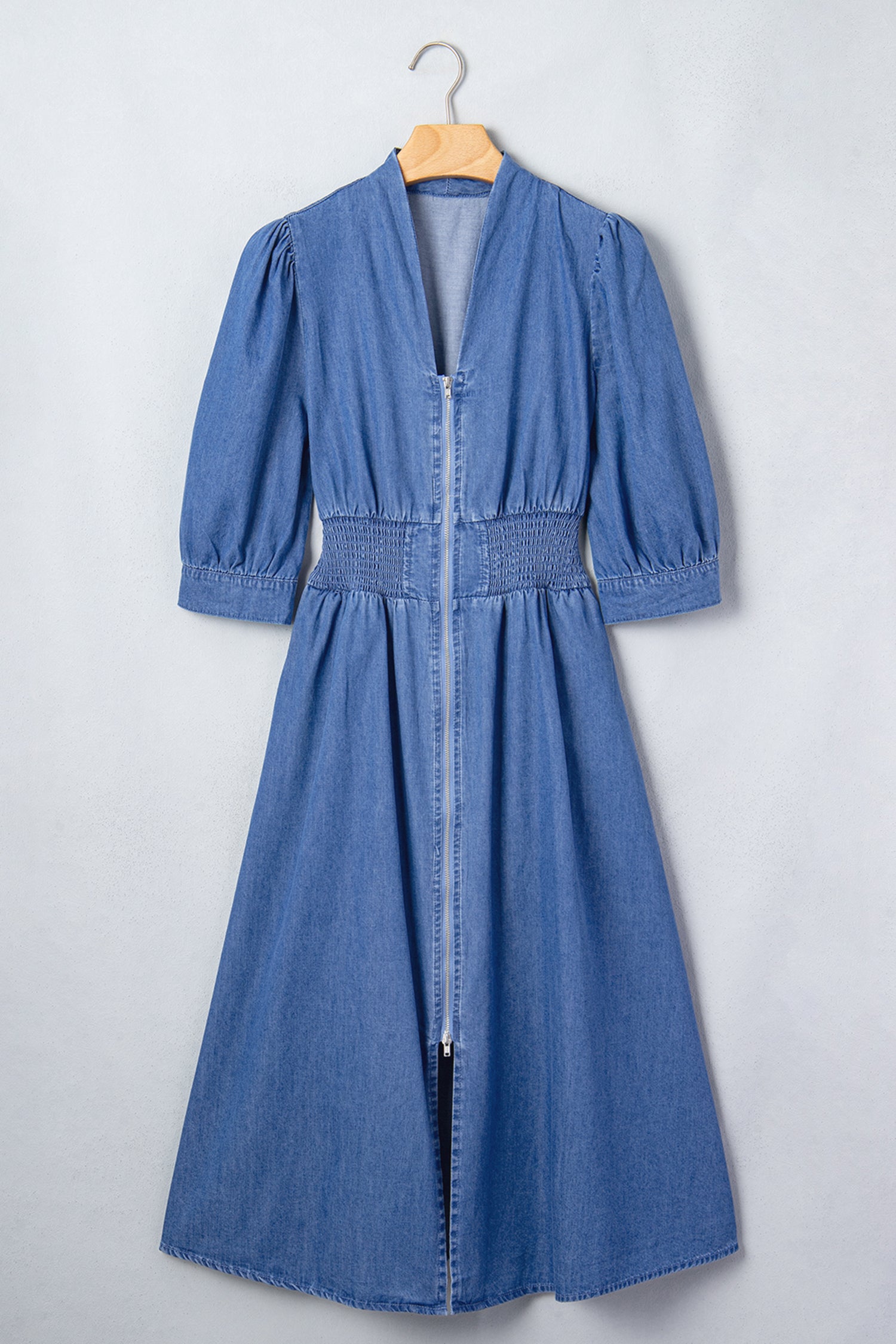 V Neck Shirred Waist Metal Zipper Denim Midi Dress – Blue
