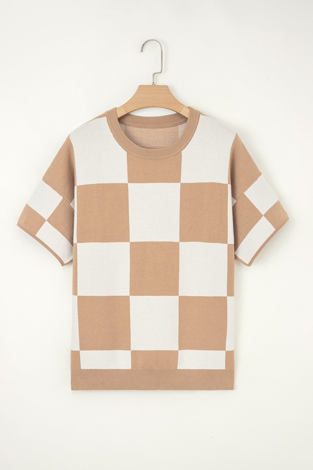 Checkered Pattern Loose Drop Shoulder Half Sleeve Sweater eAura