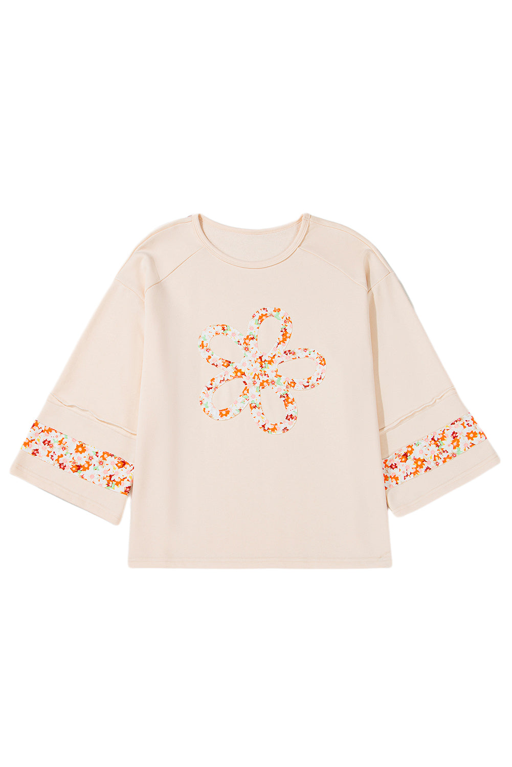Beige Plus Size Flower Patched Side Slits Crewneck Top BB Fashion Outlet