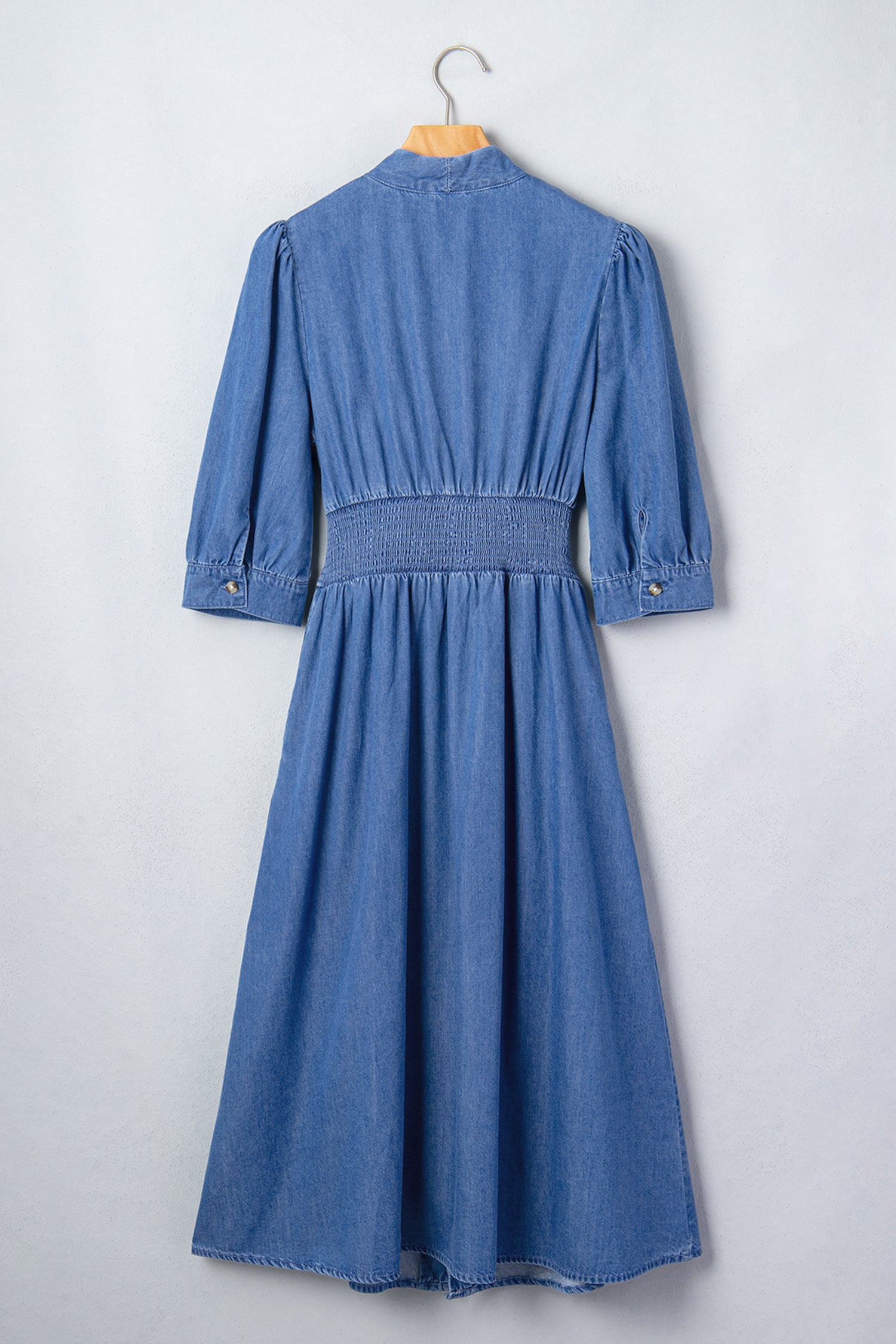 V Neck Shirred Waist Metal Zipper Denim Midi Dress – Blue