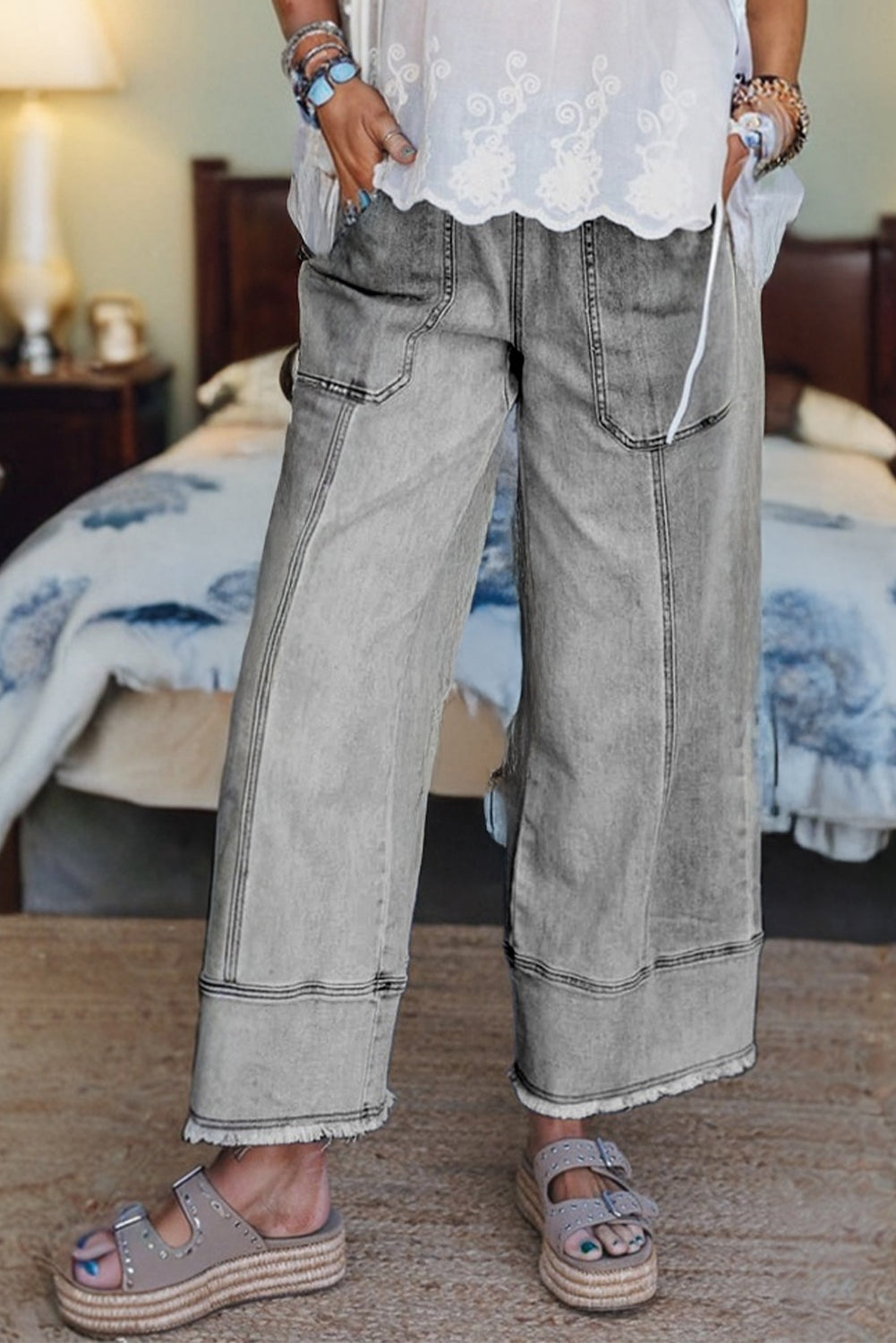 Drawstring Seam Detail Raw Hem Wide Leg Denim Jeans Dear-Lover Dropshipping
