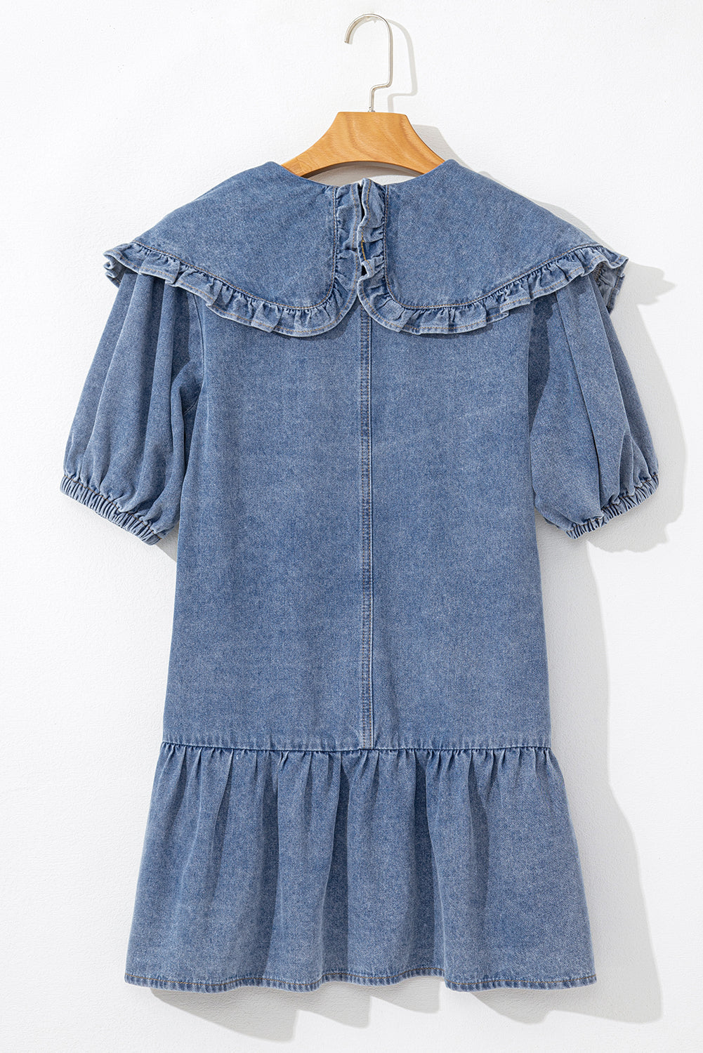 Dusk Blue Ruffled Collared Side Pockets Puff Sleeve Denim Mini Dress eAura