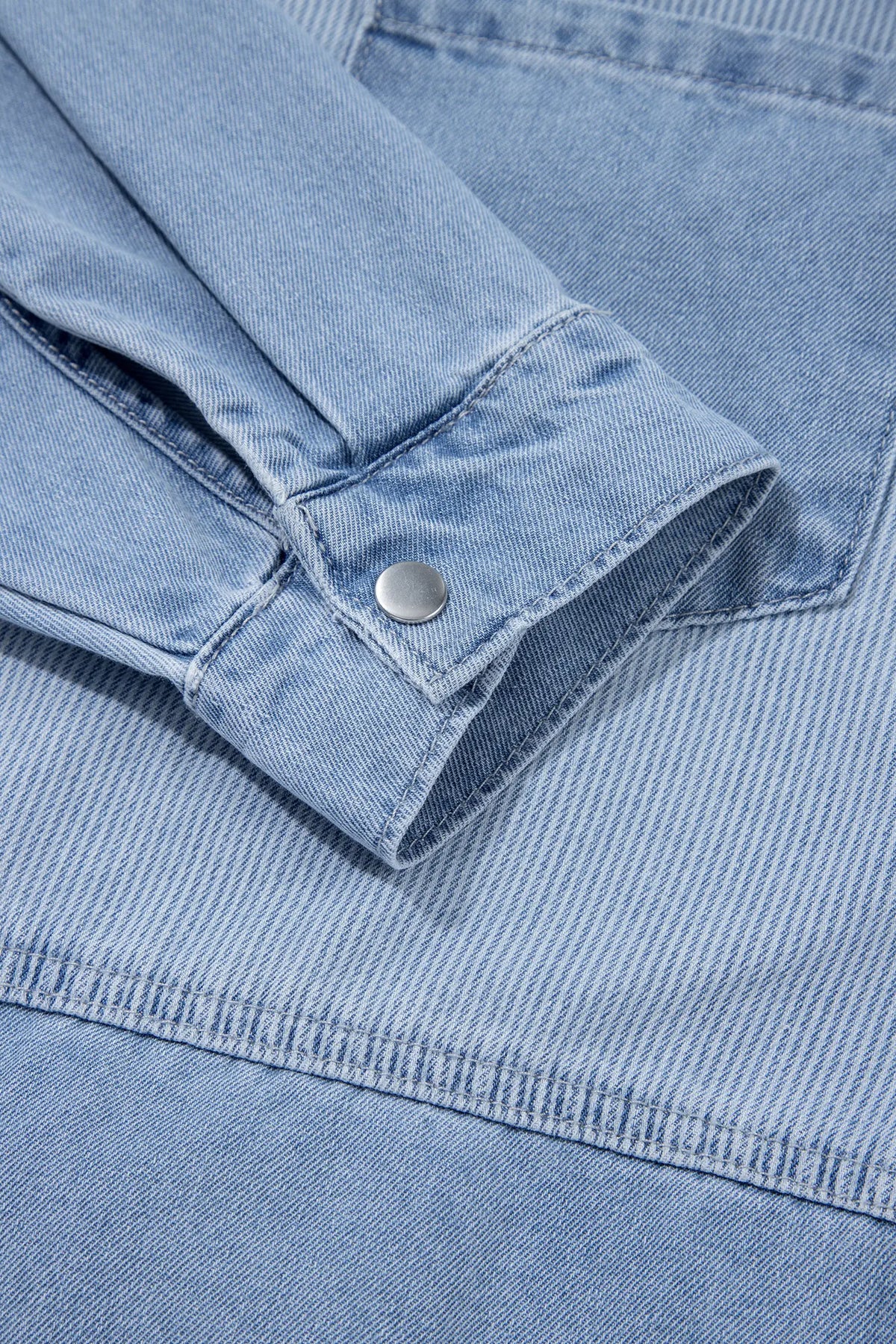 Lightweight Denim Striped Patchwork Button Down Shacket – Beau Blue