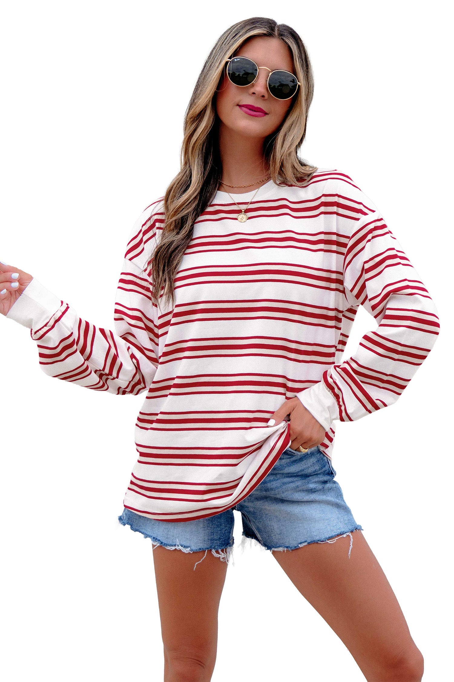 Dropped Shoulder Long Sleeve Casual Pullover Top – Red Stripe