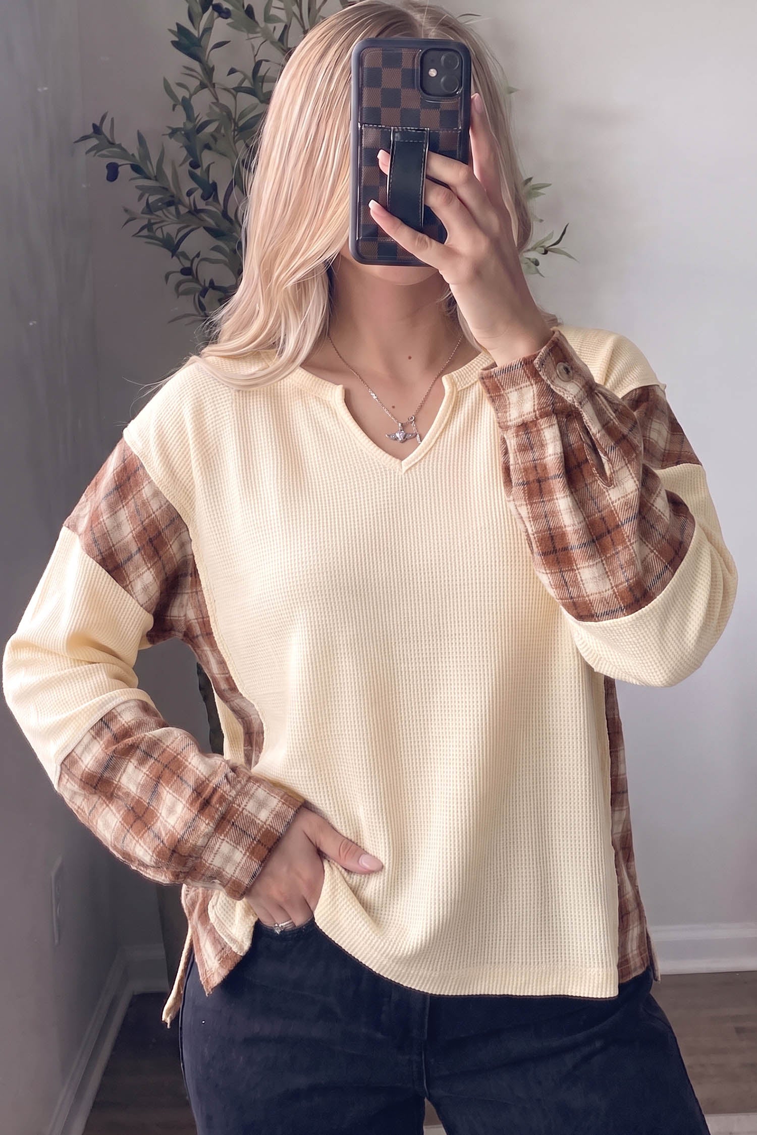 Waffle Textured V Neck Plaid Colorblock Drop Shoulder Long Sleeve Top – Beige