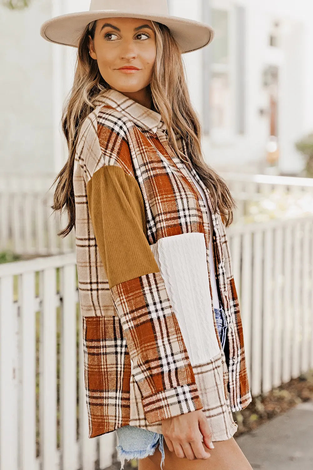 Orange Plaid Colour Block Patchwork Shirt Jacket with Pocket