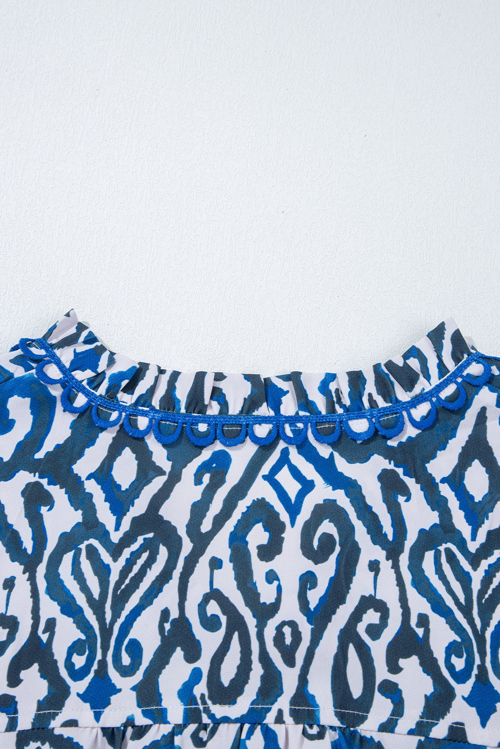 Blue Bohemian Print Embroidered V-Neck Long Sleeve Blouse - eAura
