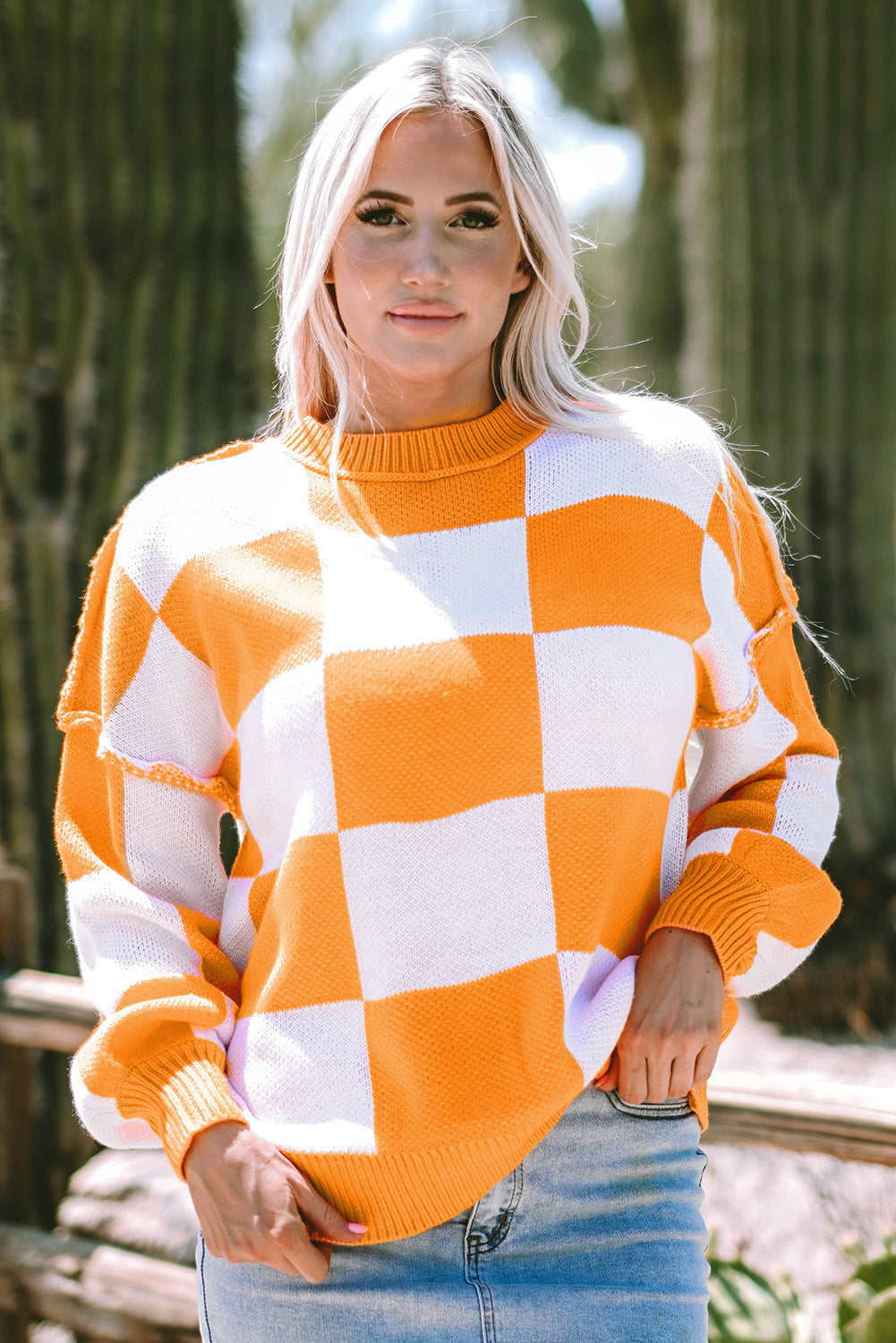 Orange Checkered Bishop Sleeve Sweater eAura
